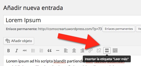 Inserta Leer Más desde la barra de herramientas de WordPress